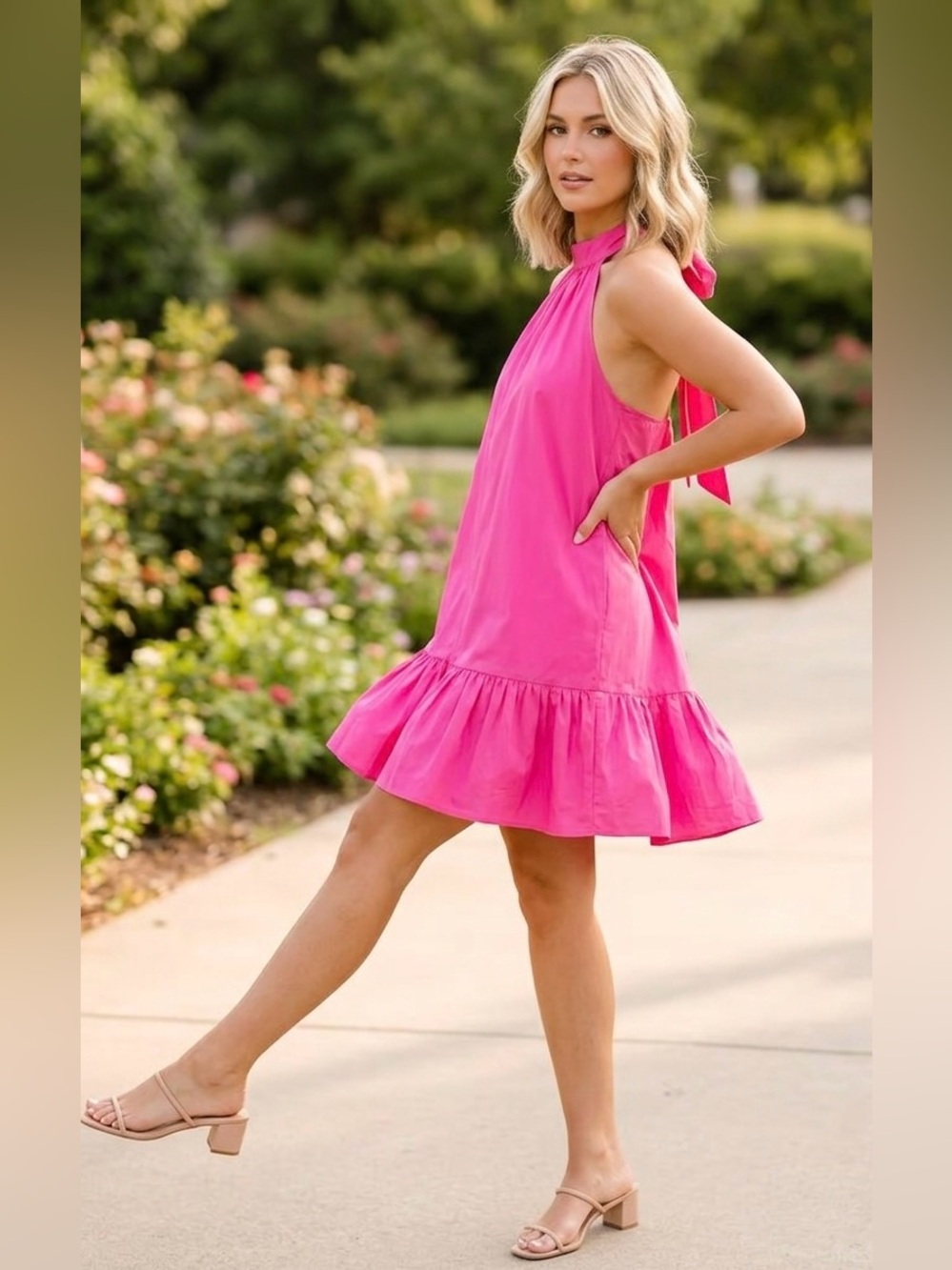 SSYS The Label The Quinn Halter Bow Back Mini Dress in Bubblegum Pink L